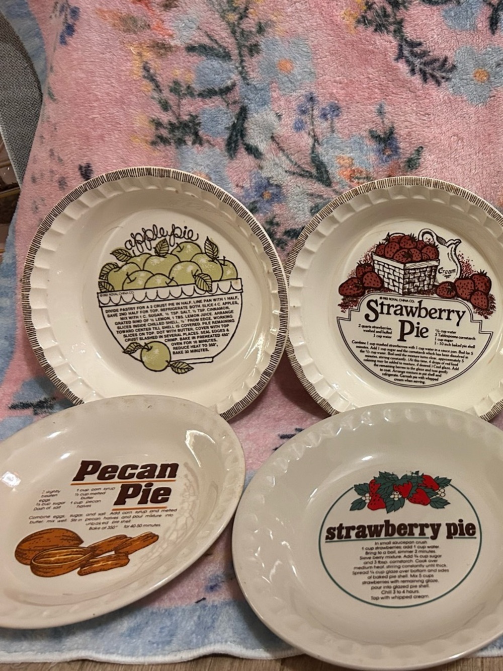 Vintage Pie Plates Set - Pecan, Apple, Strawberry Pie Designs - Cream